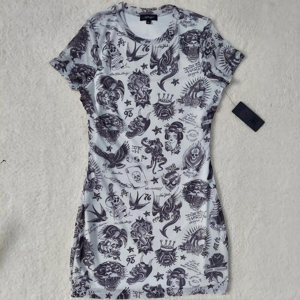 Y2k Ed Hardy Flashboard Mesh Tattoo T-shirt Bodycon Dress Womens Medium NWT